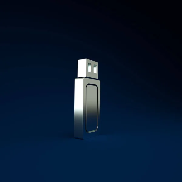 Silver USB flash drive icon isolated on blue background. Minimalism concept. 3d illustration 3D render.