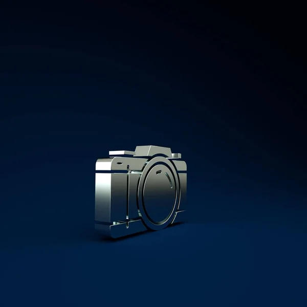 銀写真カメラアイコンは青の背景に隔離されています カメラのアイコン 最小限の概念 3Dイラスト3Dレンダリング — ストック写真