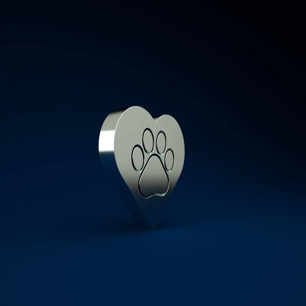 Silver Heart with animals footprint icon isolated on blue background. Pet paw in heart. Love to the animals. Minimalism concept. 3d illustration 3D render.