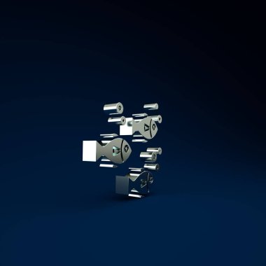 Gümüş Balık simgesi mavi arkaplanda izole edildi. Minimalizm kavramı. 3d illüstrasyon 3B canlandırma.