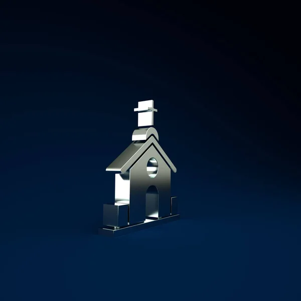 青色の背景に隔離された銀教会の建物のアイコン キリスト教会 教会の宗教 最小限の概念 3Dイラスト3Dレンダリング — ストック写真