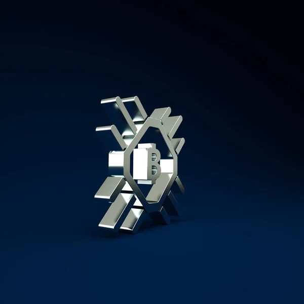 Silver CPU mining farm icon isolated on blue background. Bitcoin sign inside processor. Cryptocurrency mining community. Digital money. Minimalism concept. 3d illustration 3D render.