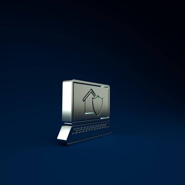 Mavi arka planda koruma ikonu olan gümüş dizüstü bilgisayar. Koruma, güvenlik, güvenlik, koruma, savunma konsepti. Minimalizm kavramı. 3d illüstrasyon 3B canlandırma.