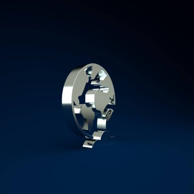 Gümüş Dünya küresi ve bitki ikonu mavi arka planda izole edildi. Dünya ya da Dünya işareti. Geometrik şekiller. Çevresel konsept. Minimalizm kavramı. 3d illüstrasyon 3B canlandırma.