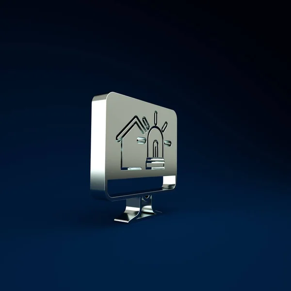 Silver Computer Monitor Smart House Alarm Icon Isolated Blue Background — Stock Photo, Image