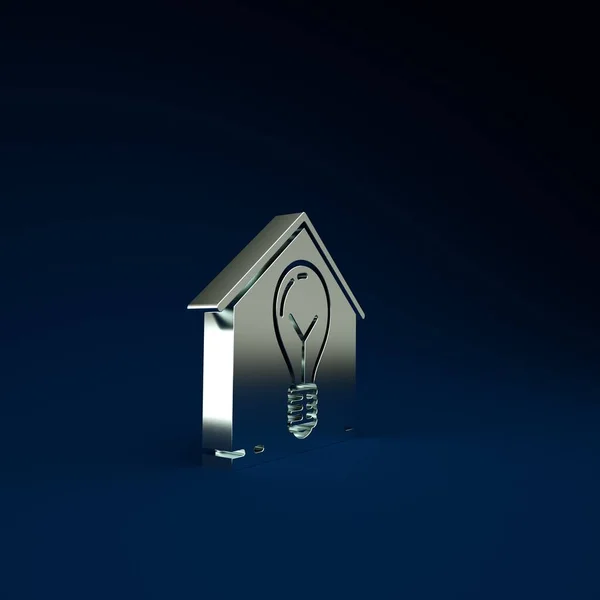 Silver Smart House Light Bulb Icon Isolated Blue Background Minimalism — Stock Photo, Image