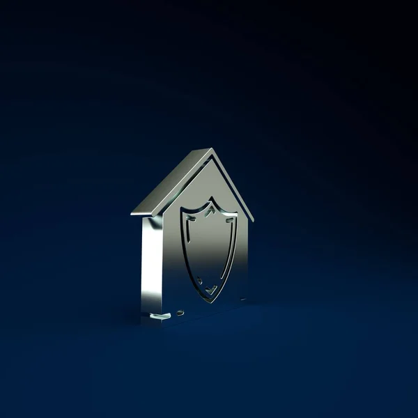 Silver House under protection icon isolated on blue background. Protection, safety, security, protect, defense concept. Minimalism concept. 3d illustration 3D render.