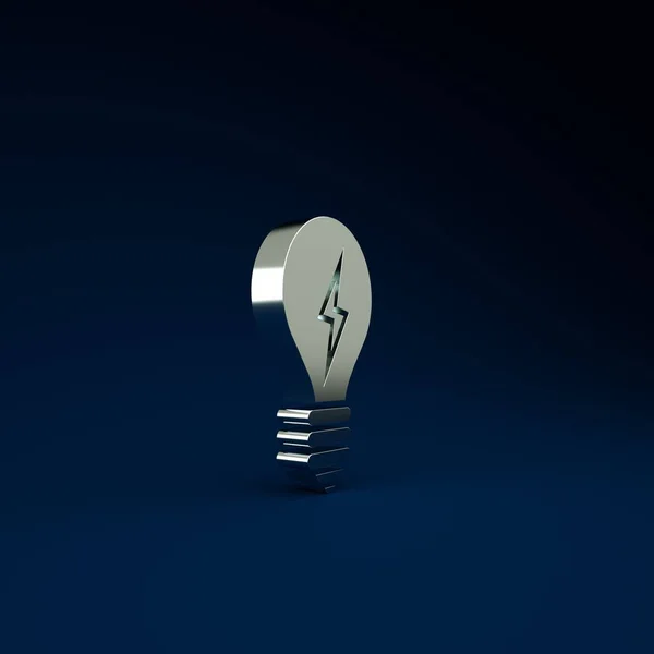 Silver Light bulb with lightning symbol icon isolated on blue background. Light lamp sign. Idea symbol. Minimalism concept. 3d illustration 3D render.