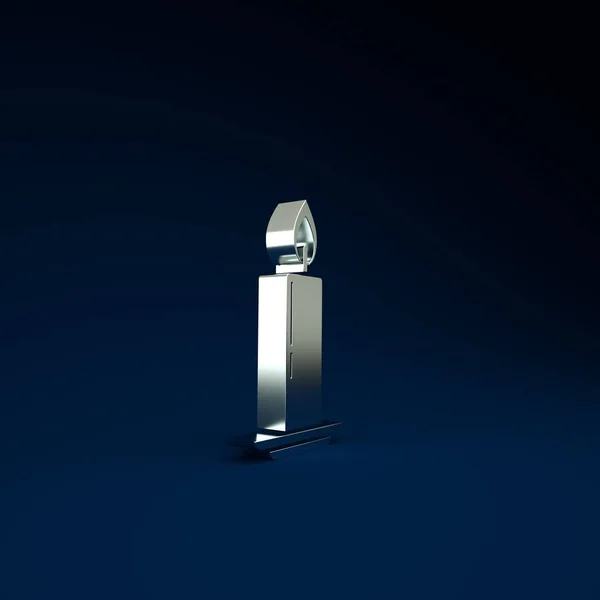 Silver Burning candle in candlestick icon isolated on blue background. Old fashioned lit candle. Cylindrical candle stick with burning flame. Minimalism concept. 3d illustration 3D render.