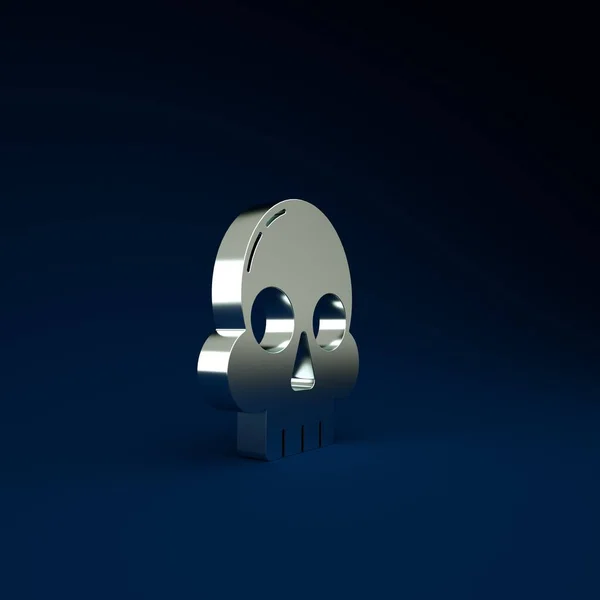 Silver Skull icon isolated on blue background. Happy Halloween party. Minimalism concept. 3d illustration 3D render.