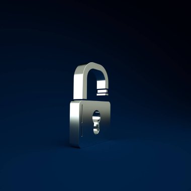 Gümüş Açık asma kilit simgesi mavi arkaplanda izole edildi. Kilit açık işareti. Siber güvenlik kavramı. Dijital veri koruması. Güvenlik kilidi. Minimalizm kavramı. 3d illüstrasyon 3B canlandırma.