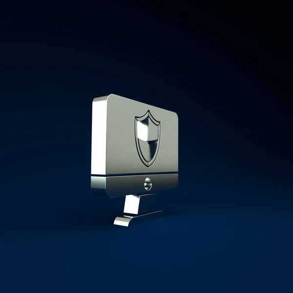 Silver Computer monitor and shield icon isolated on blue background. Security, firewall technology, internet privacy safety or antivirus. Minimalism concept. 3d illustration 3D render.