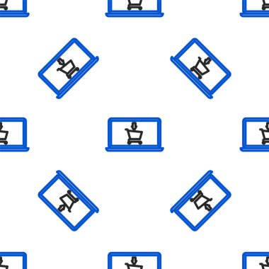 Ekran dizüstü bilgisayar simgesinde çizgi alışveriş arabası beyaz arka planda izole edilmiş pürüzsüz desen. Konsept e-ticaret, e-ticaret, online iş pazarlama. Renkli taslak konsepti. Vektör.