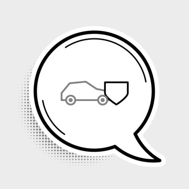 Gri arkaplanda kalkan simgesi olan çizgi vagonu izole edildi. Sigorta konsepti. Güvenlik, güvenlik, koruma, konsept koruma. Renkli taslak konsepti. Vektör.