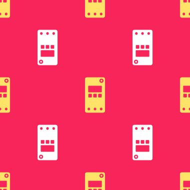 Sarı Akıllı Telefon, cep telefonu simgesi kırmızı arkaplanda izole edilmiş kusursuz desen. Vektör İllüstrasyonu.