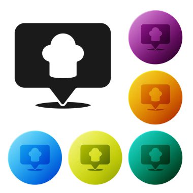 Siyah aşçı şapkası beyaz arka planda izole edilmiş konum simgesine sahip. Aşçılık sembolü. Aşçı şapkası. Simgeleri renk daire düğmelerine ayarla. Vektör.