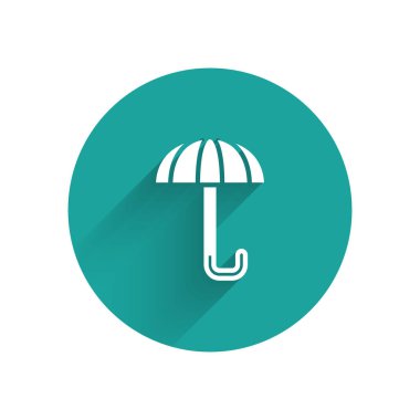 Beyaz klasik açık şemsiye simgesi uzun gölgeli izole edilmiş. Yağmur koruma sembolü. Yeşil daire düğmesi. Vektör.