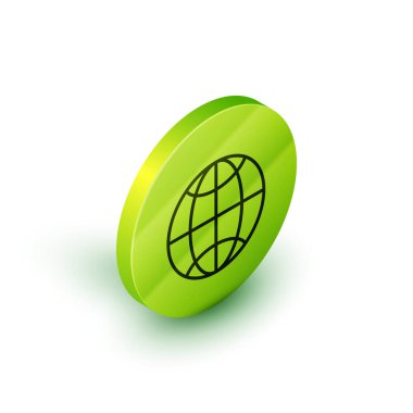 Isometric Line Global teknolojisi veya sosyal ağ simgesi beyaz arkaplanda izole edildi. Yeşil daire düğmesi. Vektör İllüstrasyonu.