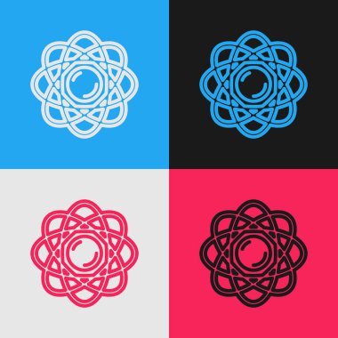 Pop sanat çizgisi Atom simgesi renk arkaplanında izole edildi. Bilimin, eğitimin, nükleer fiziğin, bilimsel araştırmaların sembolü. Vektör.