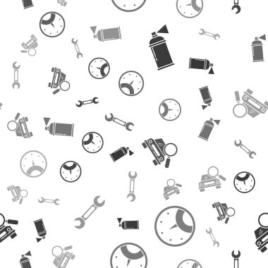 Boya spreyini, hız göstergesini, araba aramasını ve İngiliz anahtarını kusursuz şekilde ayarla. Vektör.