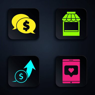 Cep telefonunu ayarla ve kalbinle konuş. Dolarlı konuşma balonu, maddi büyüme ve madeni para ve alışveriş binası ya da market. Siyah kare düğme. Vektör.