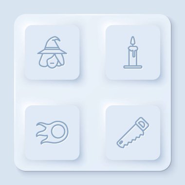 Cadı, mum yakma, ateş topu ve el testeresi. Beyaz kare düğme. Vektör.