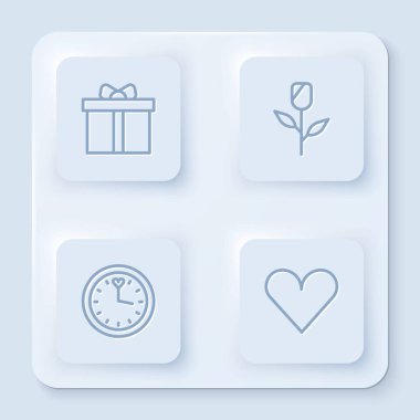 Hediye kutusu, çiçek gülü, saat ve kalp. Beyaz kare düğme. Vektör.