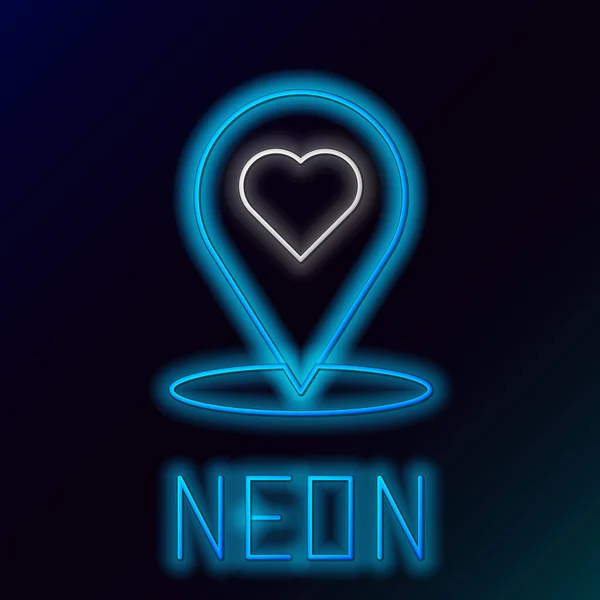 Gloeiende Neon Lijn Kaartaanwijzer Met Hart Pictogram Geïsoleerd Zwarte Achtergrond — Stockvector