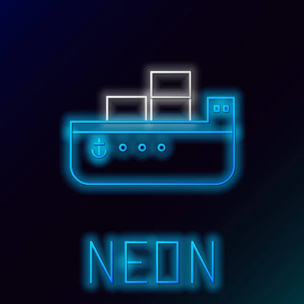 Leuchtende Neon Linie Öltanker Schiff Symbol Isoliert Auf Schwarzem Hintergrund — Stockvektor