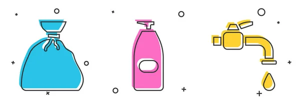 Set Garbage Bag Bottle Liquid Antibacterial Soap Water Tap Icon — Stock Vector