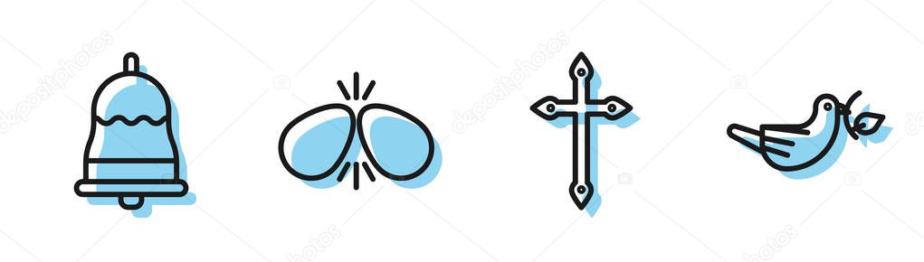 Set line Christian cross, Ringing bell, Easter eggs and Peace dove with olive branch icon. Vector.