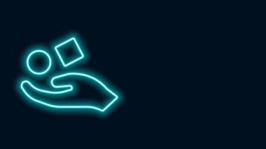 Parlayan neon çizgisi Küpü, siyah arkaplanda izole edilmiş, el simgesinin üzerinde yükseliyor. Havalanma sembolü. 4K Video hareketli grafik canlandırması