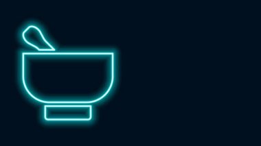 Parlayan neon hattı sihirli havan topu ve tokmak simgesi siyah arkaplanda izole edildi. 4K Video hareketli grafik canlandırması