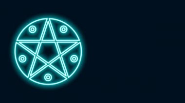 Siyah arkaplanda izole edilmiş bir daire simgesinde parlayan neon çizgisi Pentagram. Sihirli okült yıldız sembolü. 4K Video hareketli grafik canlandırması