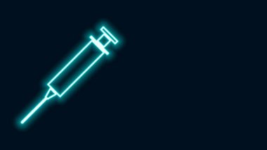 Parlayan neon çizgisi şırınga simgesi siyah arkaplanda izole edildi. Aşı için şırınga, aşı, iğne, grip aşısı. Tıbbi ekipman. 4K Video hareketli grafik canlandırması