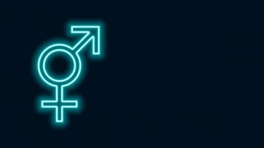 Parlayan neon hattı siyah arkaplanda cinsiyet simgesi izole edildi. Erkek ve kadın sembolleri. Seks sembolü. 4K Video hareketli grafik canlandırması
