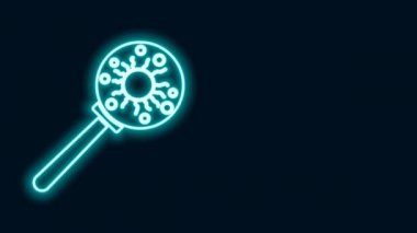 Büyüteç simgesi altında parlayan neon çizgisi virüsü siyah arkaplanda izole edildi. Corona virüsü 2019-nCoV. Bakteriler, mikroplar, mantarlar. 4K Video hareketli grafik canlandırması