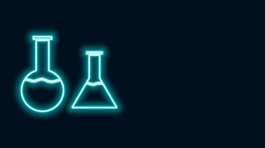 Parlayan neon hattı test tüpü ve siyah arkaplanda izole edilmiş matara simgesi. Kimyasal laboratuvar testi. Laboratuvar camları. 4K Video hareketli grafik canlandırması