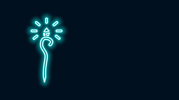 发光的霓虹灯线条魔法杖图标孤立在黑色背景.魔杖，权杖，手杖，棒。4K视频运动图形动画 — 图库视频影像