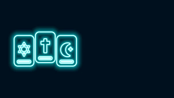 Linea neon incandescente Tre tarocchi icona isolata su sfondo nero. Un magico set occulto di tarocchi. Animazione grafica 4K Video motion — Video Stock