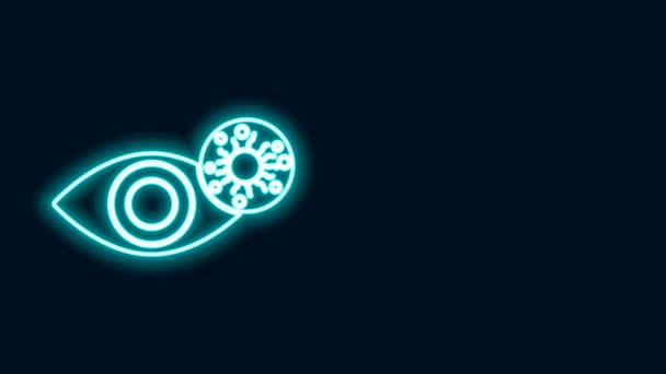 Linea neon incandescente Occhio rossastro a causa di virus, congiuntivite batterica o allergica icona isolata su sfondo nero. Animazione grafica 4K Video motion — Video Stock