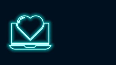 Siyah arkaplanda kalp simgesi olan parlak neon hattı dizüstü bilgisayar. Sevgililer Günü. 4K Video hareketli grafik canlandırması