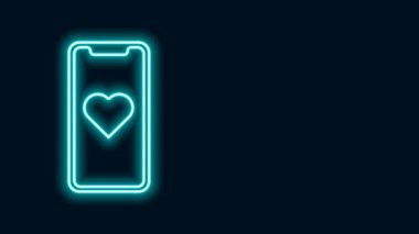 Siyah arkaplanda kalp simgesi olan parlak neon hattı cep telefonu. Sevgililer Günü. 4K Video hareketli grafik canlandırması