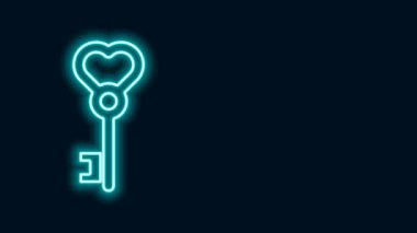 Parlayan neon çizgisi Anahtar kalp şeklindeki simge siyah arkaplanda izole edildi. Sevgililer Günü. 4K Video hareketli grafik canlandırması