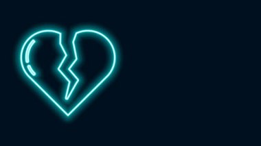 Parlayan neon hattı. Kırık kalp ya da boşanma ikonu. Siyah arka planda izole edilmiş. Aşk sembolü. Sevgililer Günü. 4K Video hareketli grafik canlandırması