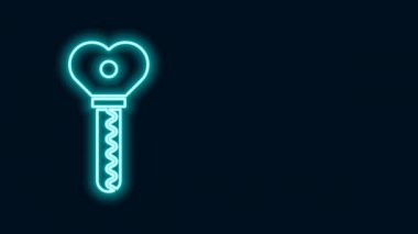 Parlayan neon çizgisi Anahtar kalp şeklindeki simge siyah arkaplanda izole edildi. Sevgililer Günü. 4K Video hareketli grafik canlandırması