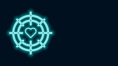 Parlayan neon hattı Heart dartın merkezinde hedef ikonu siyah arkaplanda izole edildi. Sevgililer Günü. 4K Video hareketli grafik canlandırması