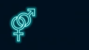 Parlayan neon hattı siyah arkaplanda cinsiyet simgesi izole edildi. Erkek ve kadın sembolleri. Seks sembolü. 4K Video hareketli grafik canlandırması