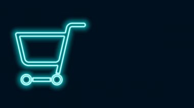 Parlayan neon hattı alışveriş arabası simgesi siyah arka planda izole edildi. İnternetten satın alma konsepti. Servis tabelası. Süpermarket sepeti sembolü. 4K Video hareketli grafik canlandırması