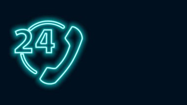 Parlayan neon hattı Telefon 24 saat destek ikonu siyah arkaplanda izole edildi. Tüm gün müşteri destek merkezi. Tam zamanlı çağrı servisi. 4K Video hareketli grafik canlandırması